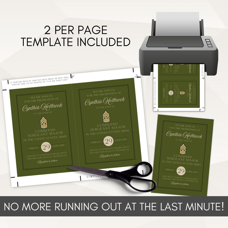 Green invitation cards with text, printer, scissors, and text &