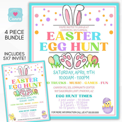 Easter egg hunt party flyer invitation set