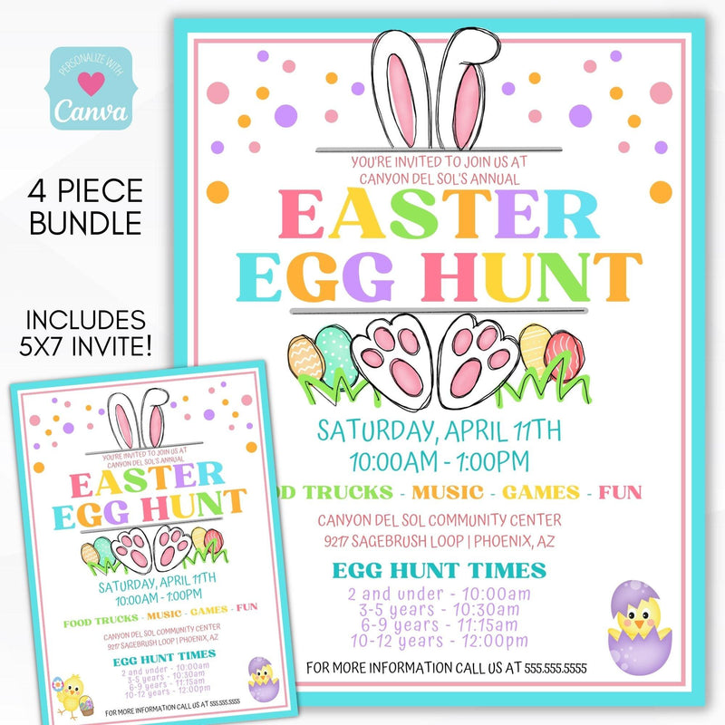 Easter egg hunt party flyer invitation set