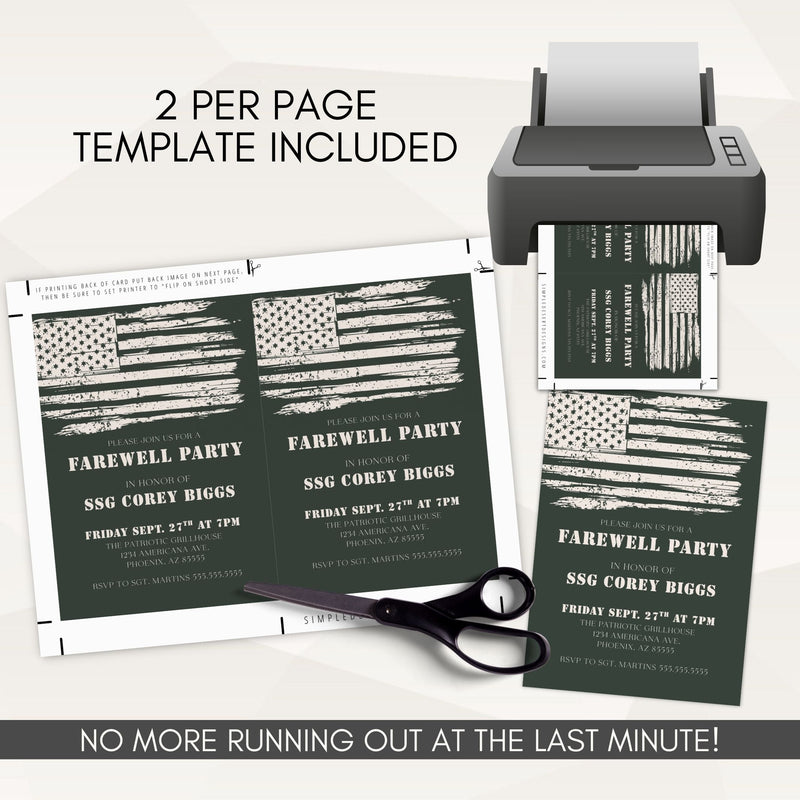Printed farewell party invitations with an American flag design, scissors, and a printer on a white background.