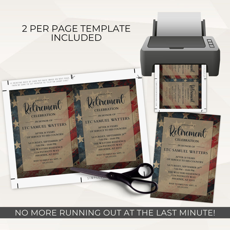 Retirement celebration invitation template with printer, paper, and scissors on a white background