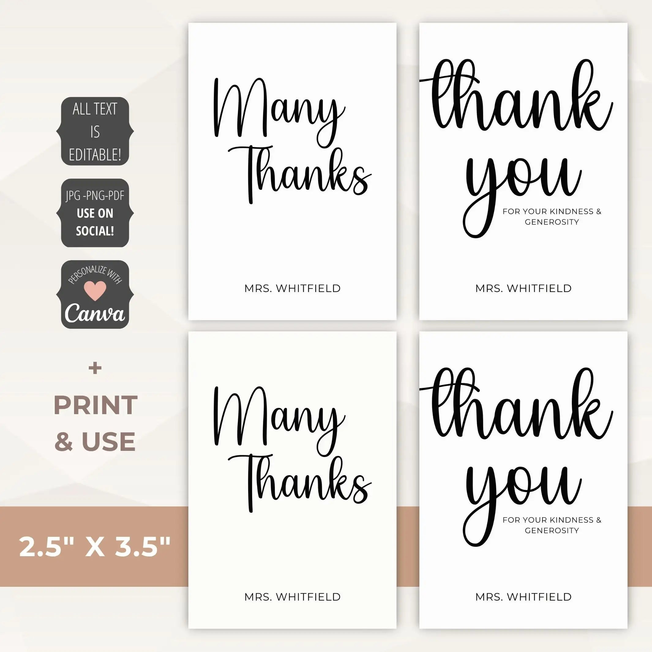 Four customizable thank you cards with editable text on a white background.