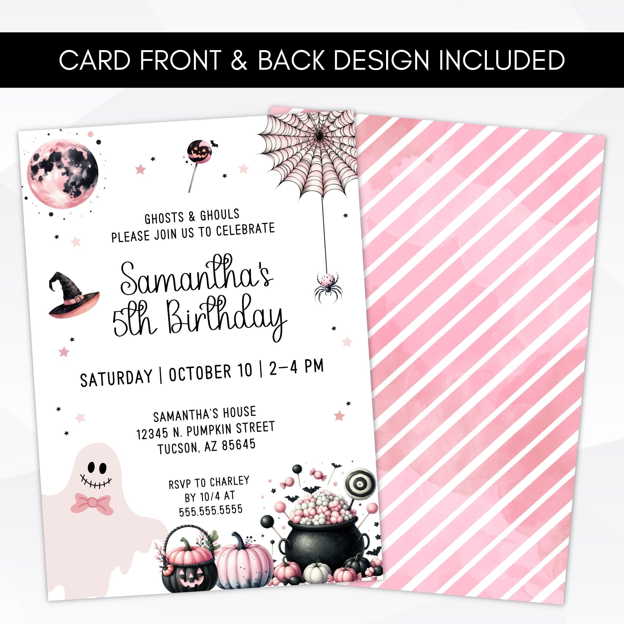 pink and black theme halloween birthday party invitations for girls