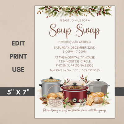 Invitation card for a Soup Swap event with slow cookers and bread on a beige background.