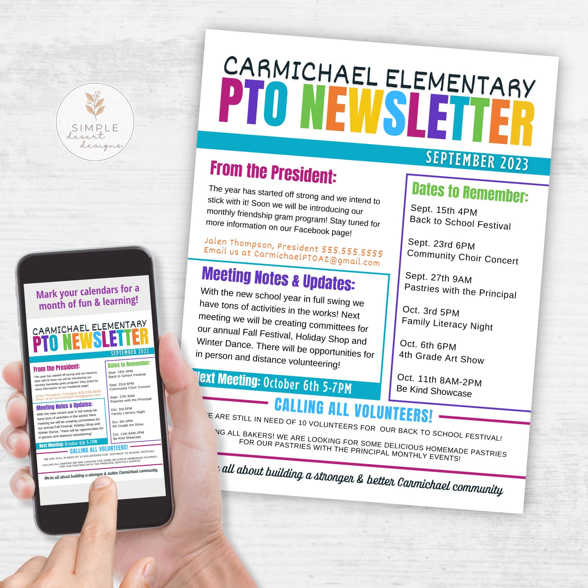 colorful school pto newlsetter template printed on white surface and on phone with blocked sections and dates to remember