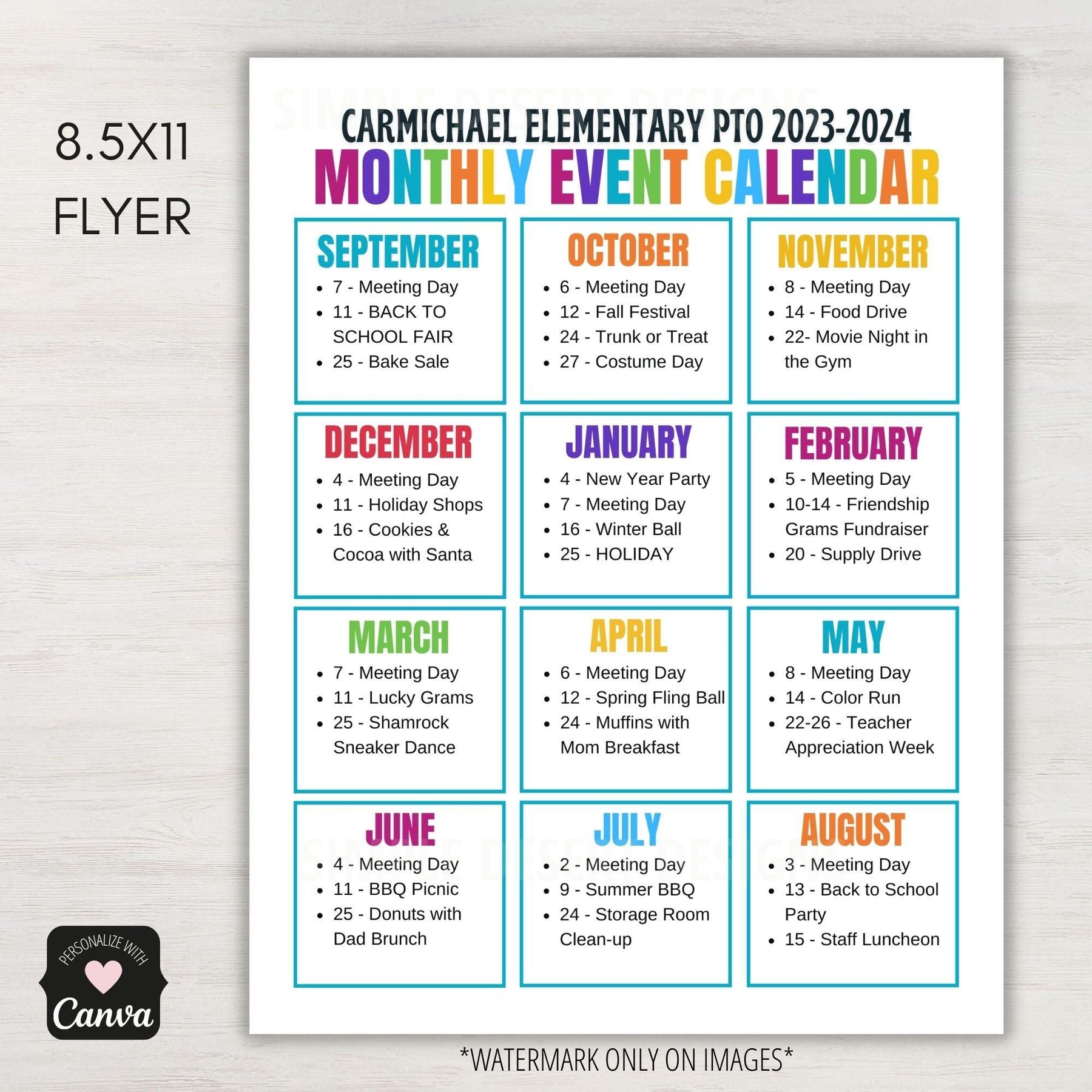 PTA Monthly Yearly Event Calendar Simple Desert Designs PTA Monthly Yearly Event Calendar Simple Desert Designs