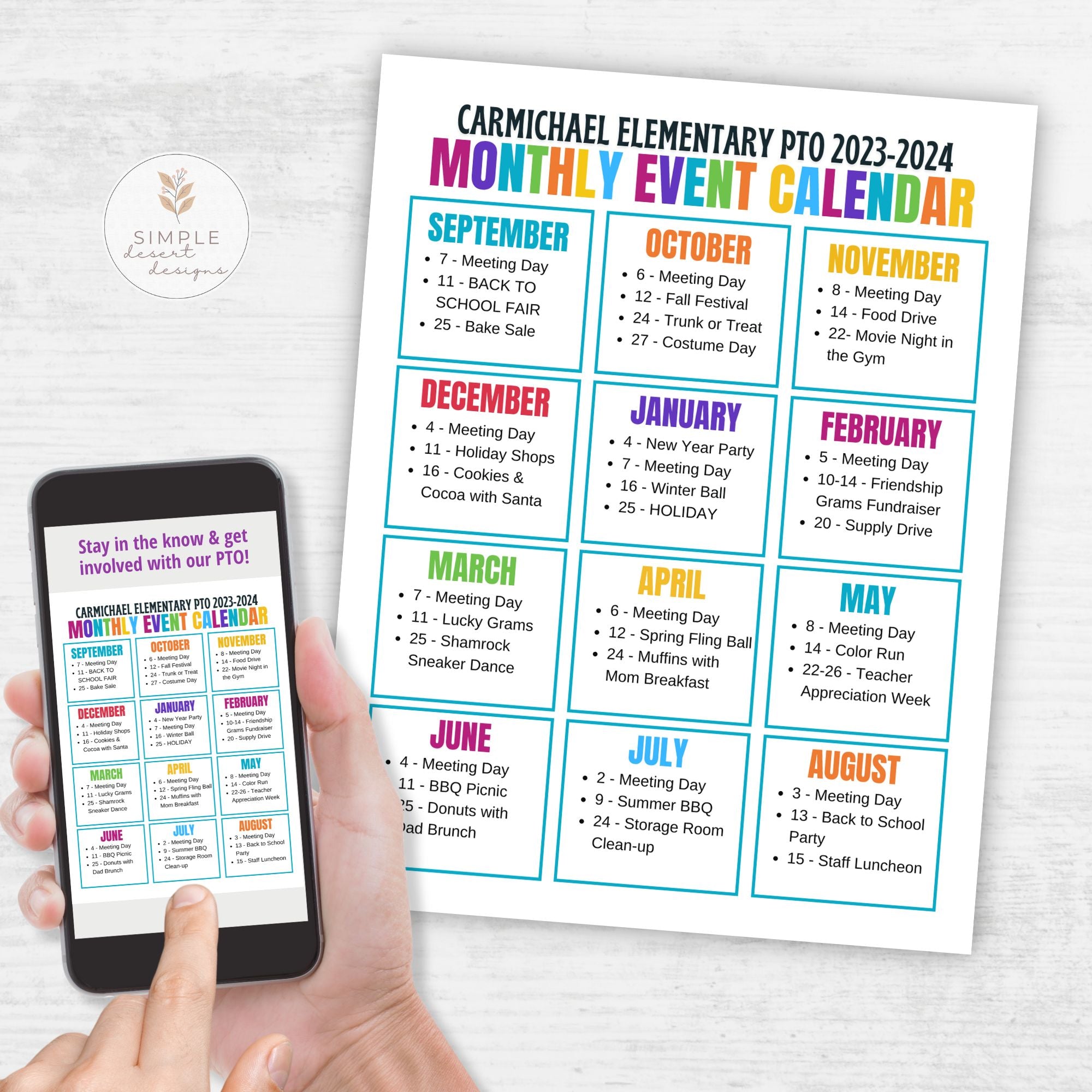colorful color block style school pto monthly yearly annual event calendar template on phone and printed on white surface