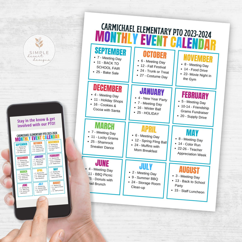 colorful color block style school pto monthly yearly annual event calendar template on phone and printed on white surface