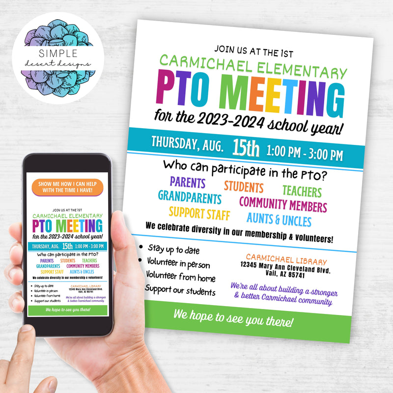 fully customizable pta meeting flyer for any school pto or church group