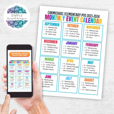 customizable colorful annual event calendar for school church or any organization