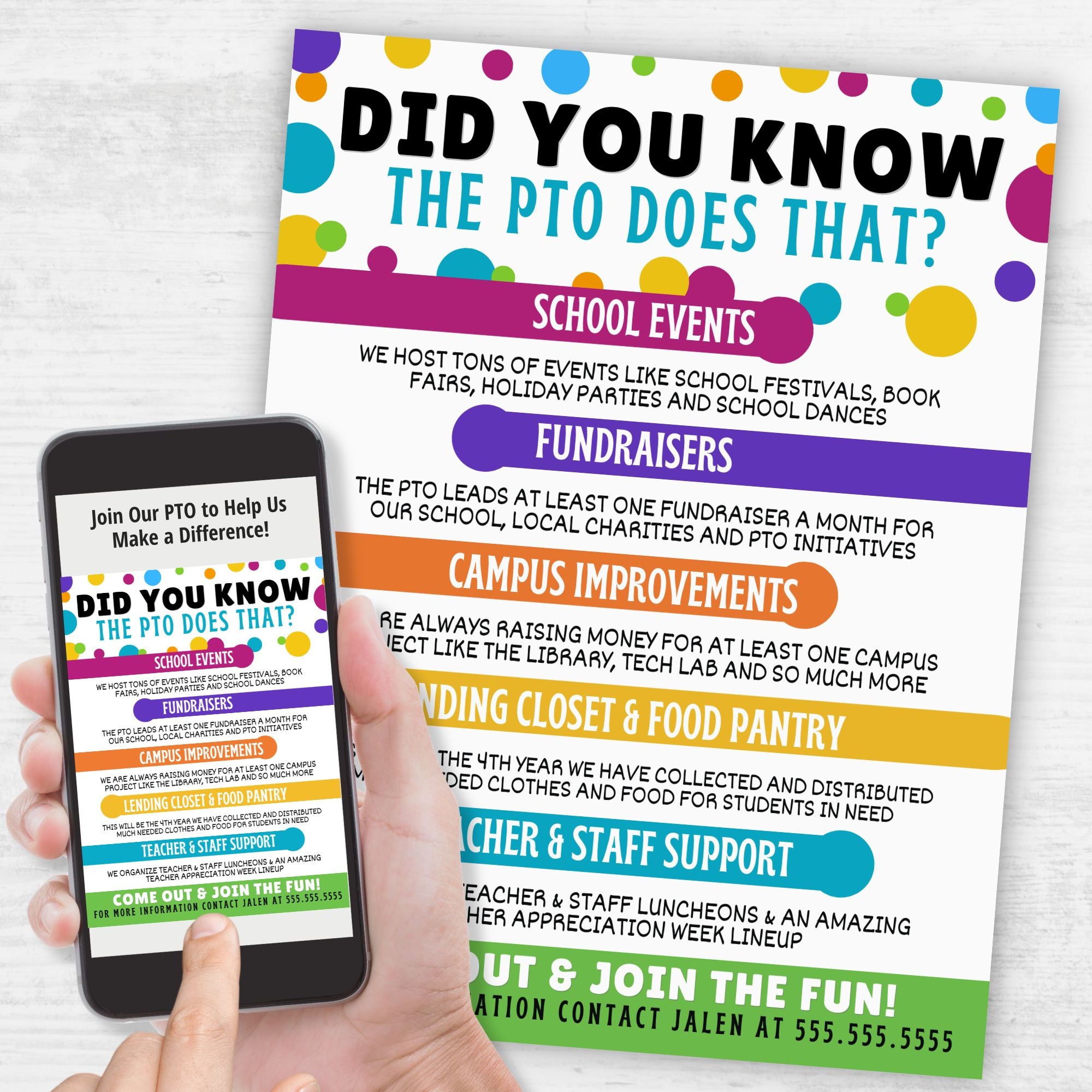 Colorful PTO informational flyer reads, "Did You Know the PTO Does That?" printed on white surface and on phone.