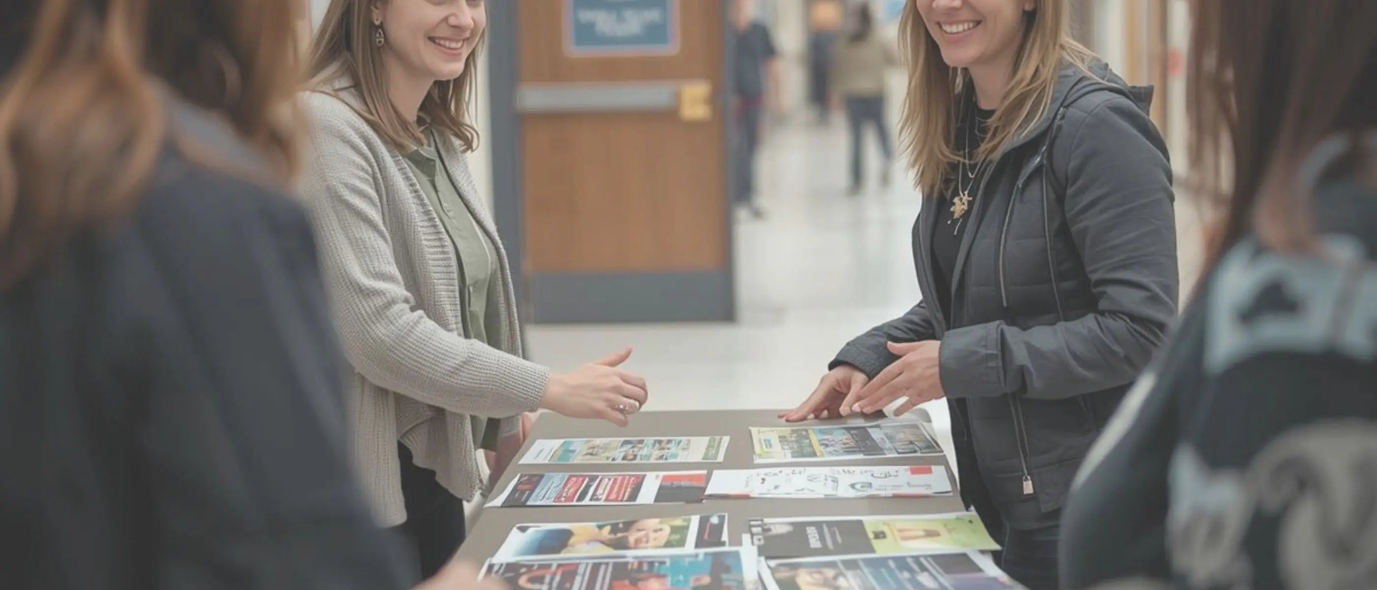 Table set up with event flyers and informational brochures with two women smiling and talking to parents representing resources for PTO and PTA leaders as well as school event resources and editable templates.