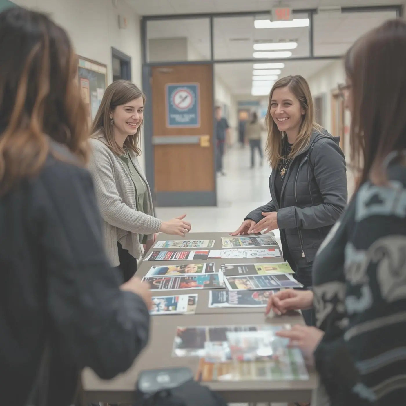 Group of people gathered around a table with brochures in a hallway representing editable templates for PTO and PTA leaders for fundraisers, membership events, and teacher appreciation week by Simple Desert Designs.