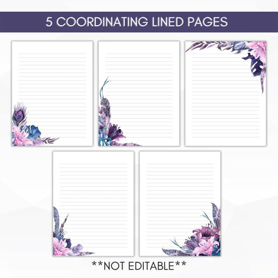 lined purple floral stationery set