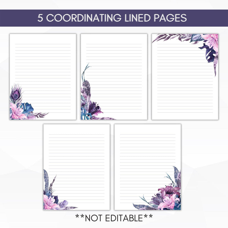 Floral Printable Letter Paper, Line Sheet, Floral Printable Letter Paper,  Writing Paper Printable, Letter Writing Set 