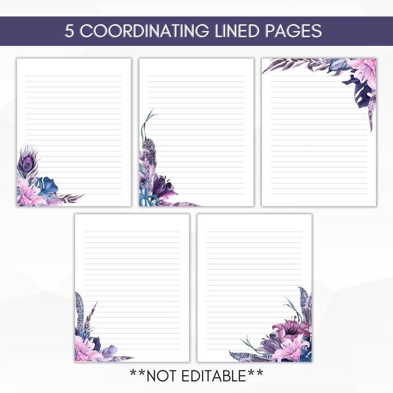 lined purple floral stationery set