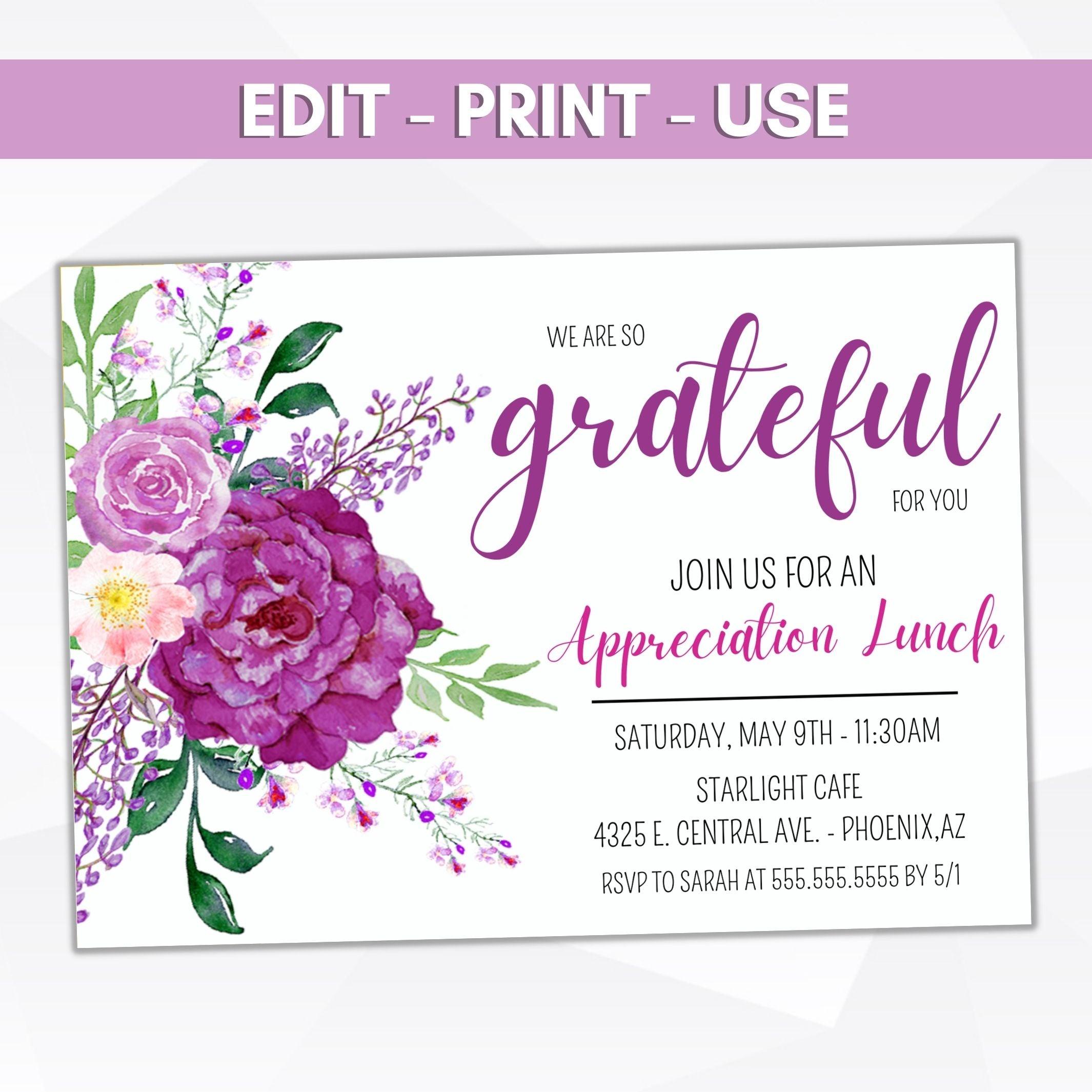 floral appreciation luncheon invitation purple rose wildflower lunch brunch dinner invite