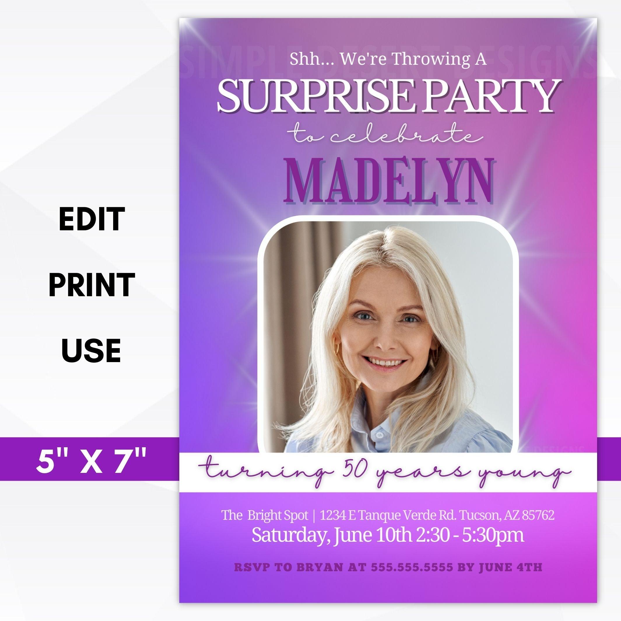 purple surprise party invitation