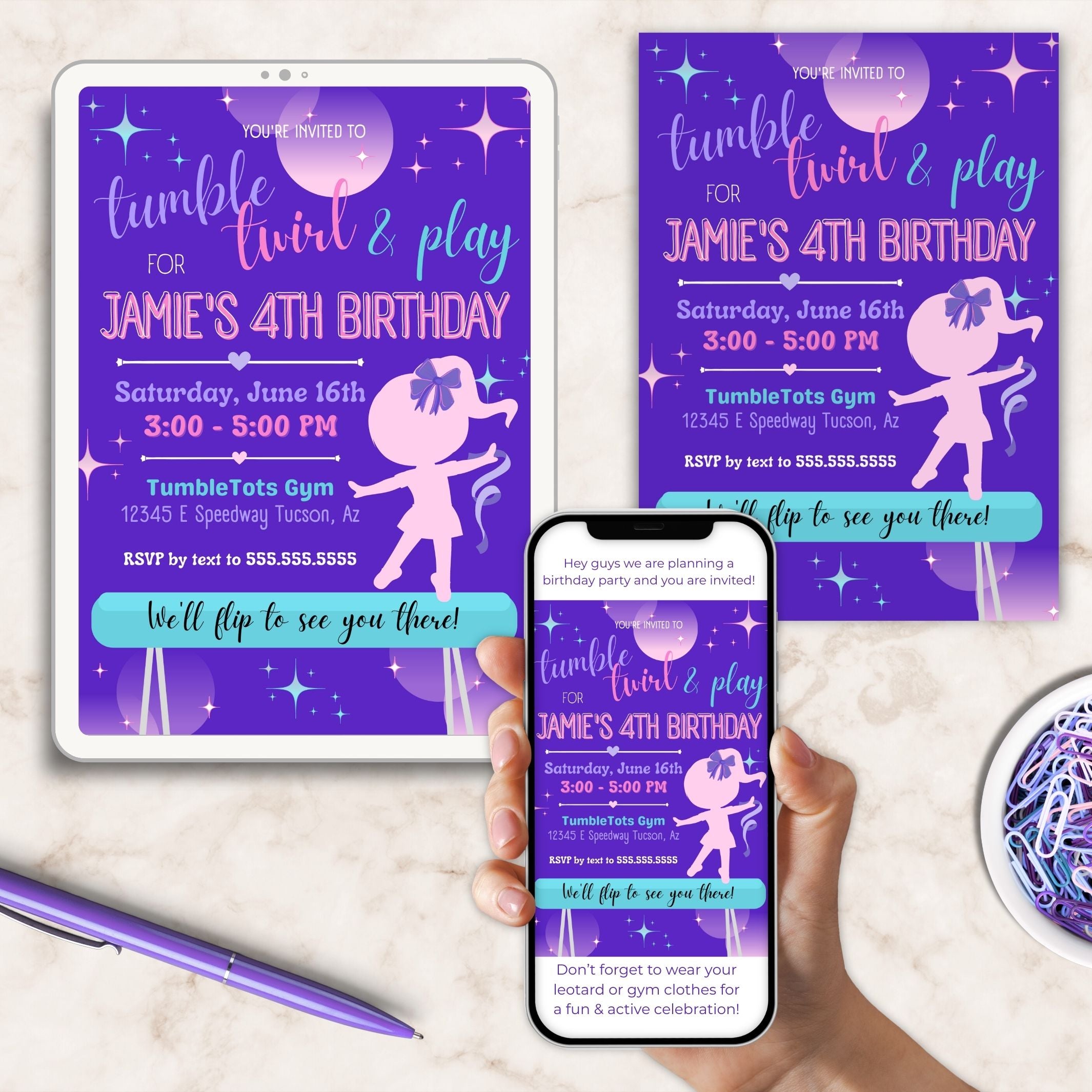 Purple birthday invitation with girl dancing design on smartphone, tablet, and paper.