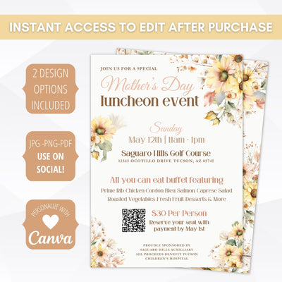 modern mothers day invitation with qr code and sunflowers floral design