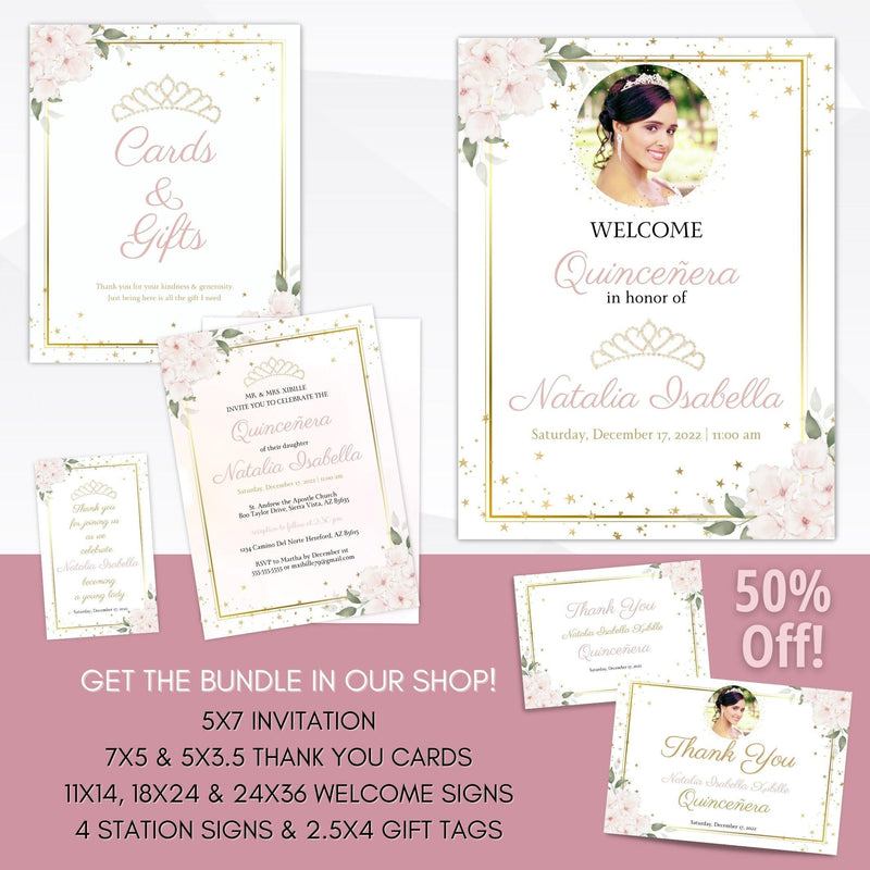 quineanera invitation suite blush pink and gold