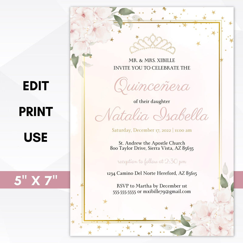 blush pink floral quinceñera invitation