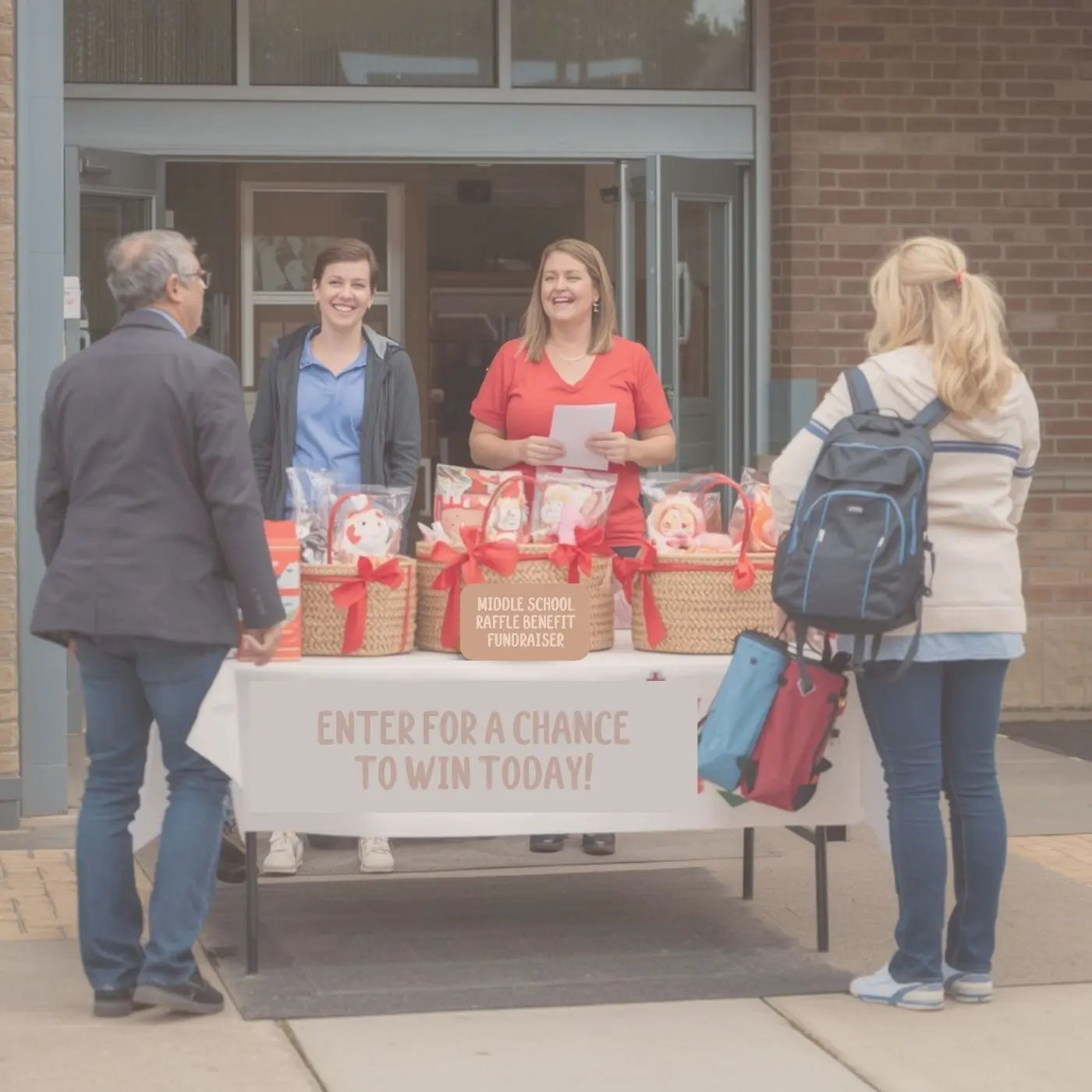 People standing around a table with gift baskets outside a building, promoting a raffle basket auction to represent editable raffle and auction fundraiser event templates.