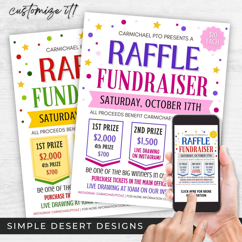 customizable raffle flyer in digital and printed formats