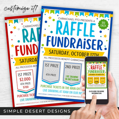 fully customizable raffle flyers to match any charity or organization's colors with ticket sheet included
