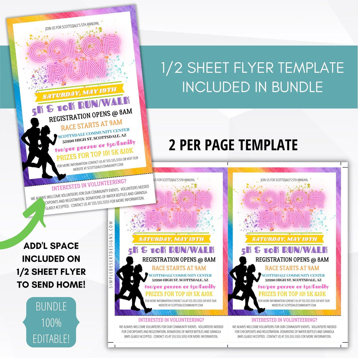 Run Invitations Color Run Fundraiser Flyer Template - Simple Desert Designs