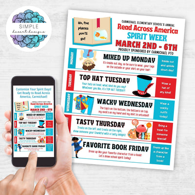 customizable read across america spirit week flyer with daily itinerary for literacy activities
