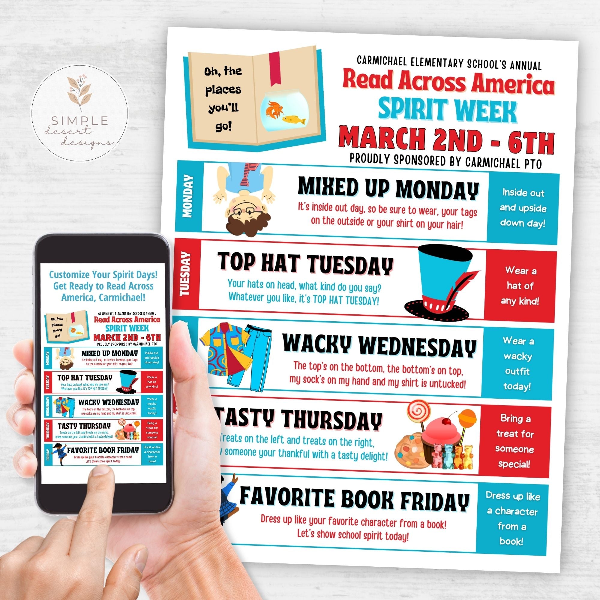 Promotional poster for school Read Across America Spirit Week with a smartphone displaying the same content.