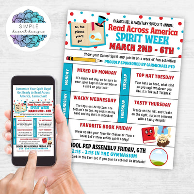 read across america spirit week flyer with and without logo space for literacy week