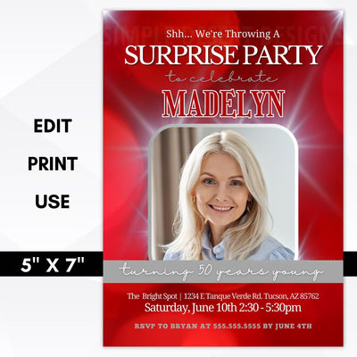 red surprise party invitation