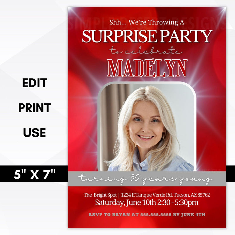 red surprise party invitation