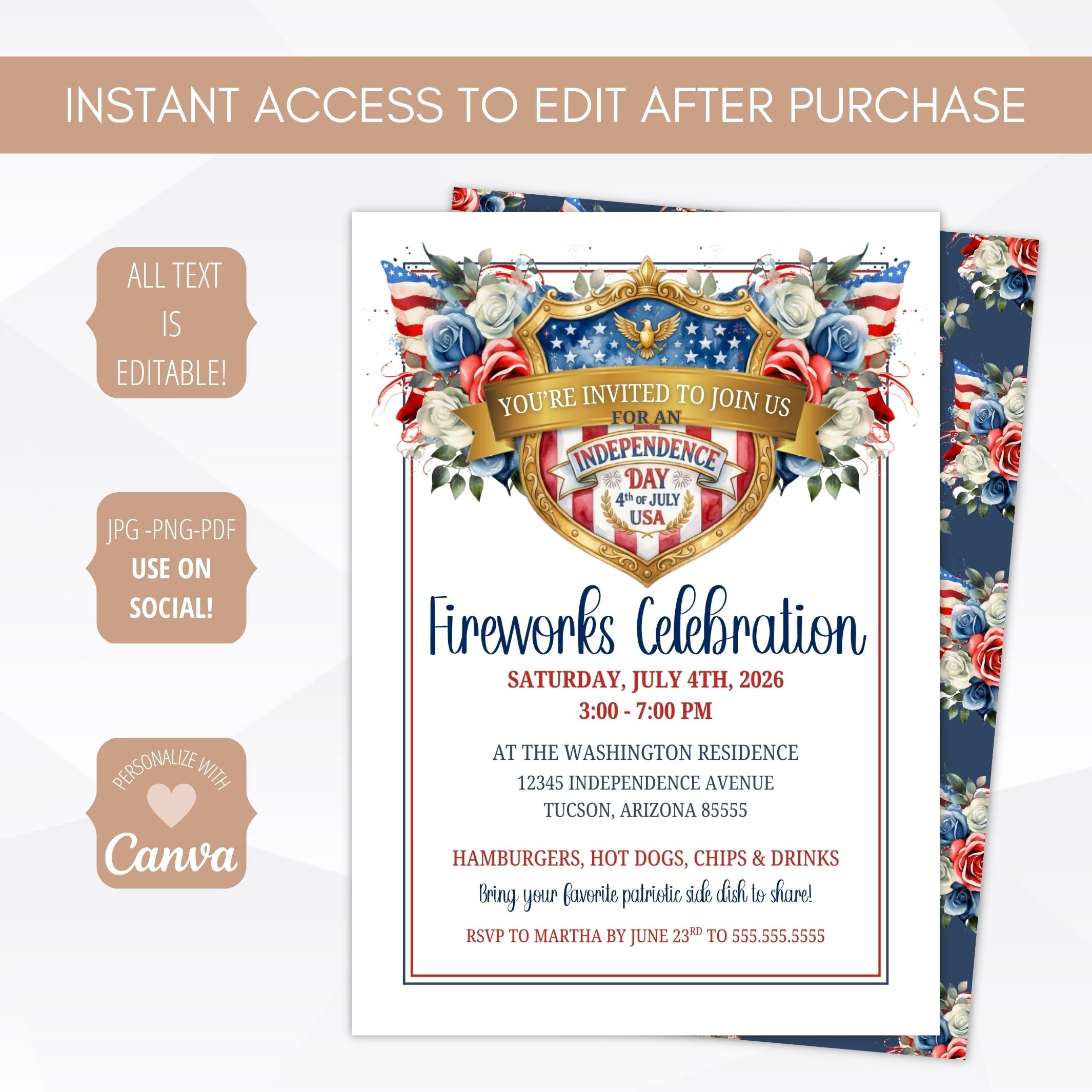 Fourth of July invitation with American flag design and Canva branding.