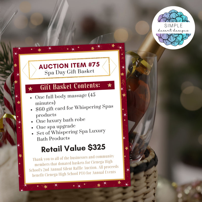 red and gold auction gift basket tags persoanlized with retail value and space for thank you