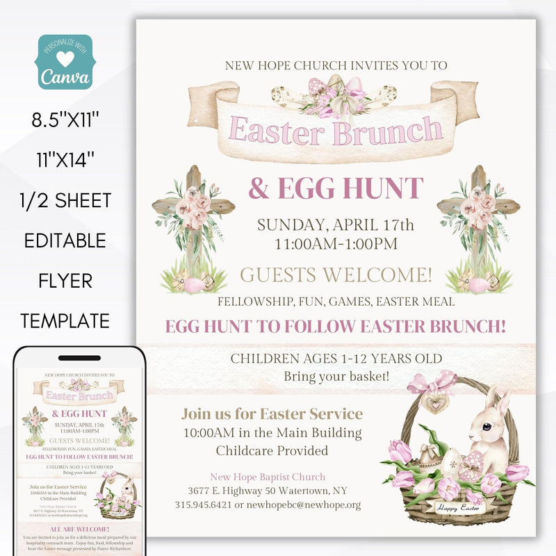 Religious Easter brunch egg hunt flyer sign set