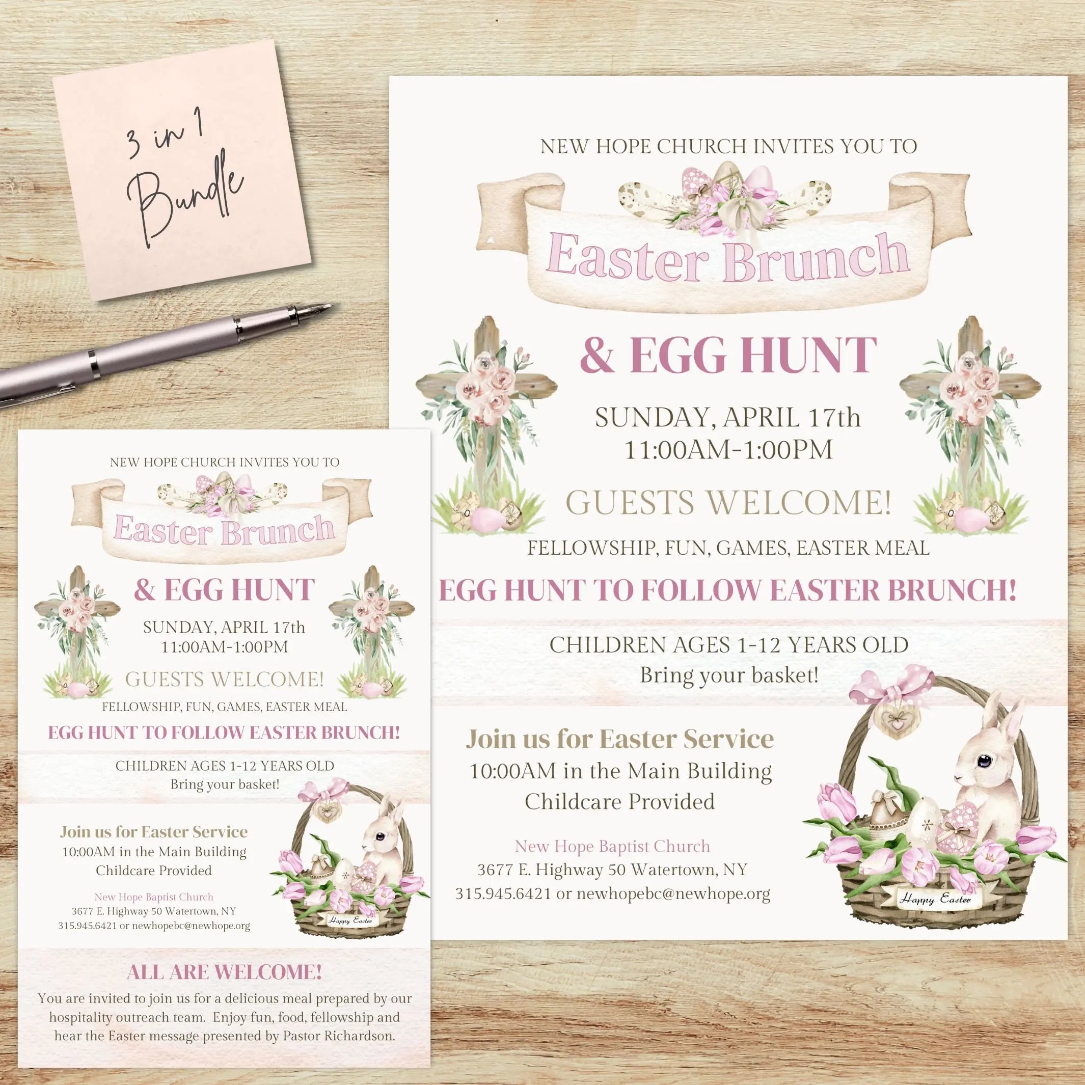 Easter brunch and egg hunt invitation with wooden crosses and vintage Easter basket on a wooden surface with a pen.