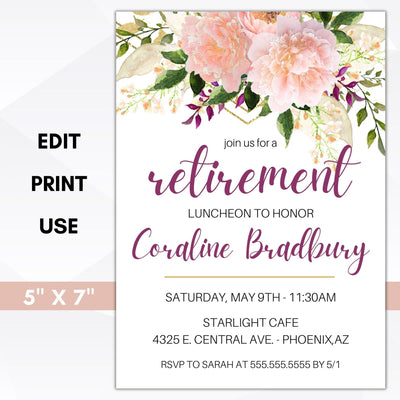 pink floral peony carnation retirement luncheon invitation