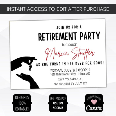 printable retirement invitation turn in keys editable template