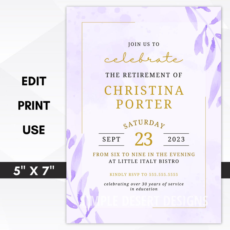 purple and gold retirement party invitation