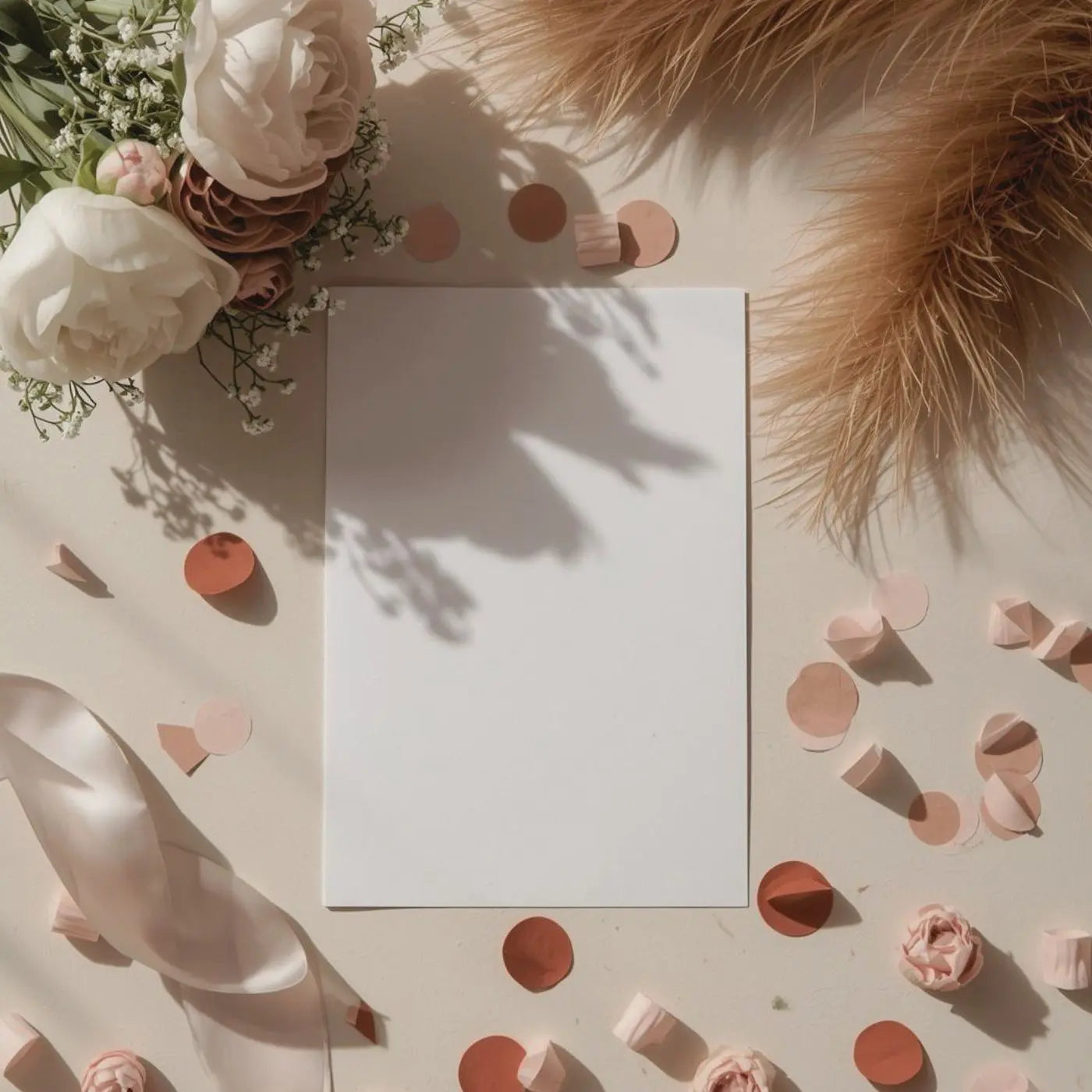 Blank white card with decorative elements including flowers, ribbons, and confetti on a light surface representing a collection of retirement party and promotion celebration invitation templates created by Simple Desert Designs.