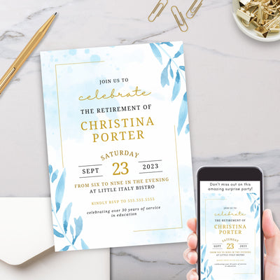 elegant blue watercolor invitation with gold accents for any retirement reception, birthday party or reception dinner
