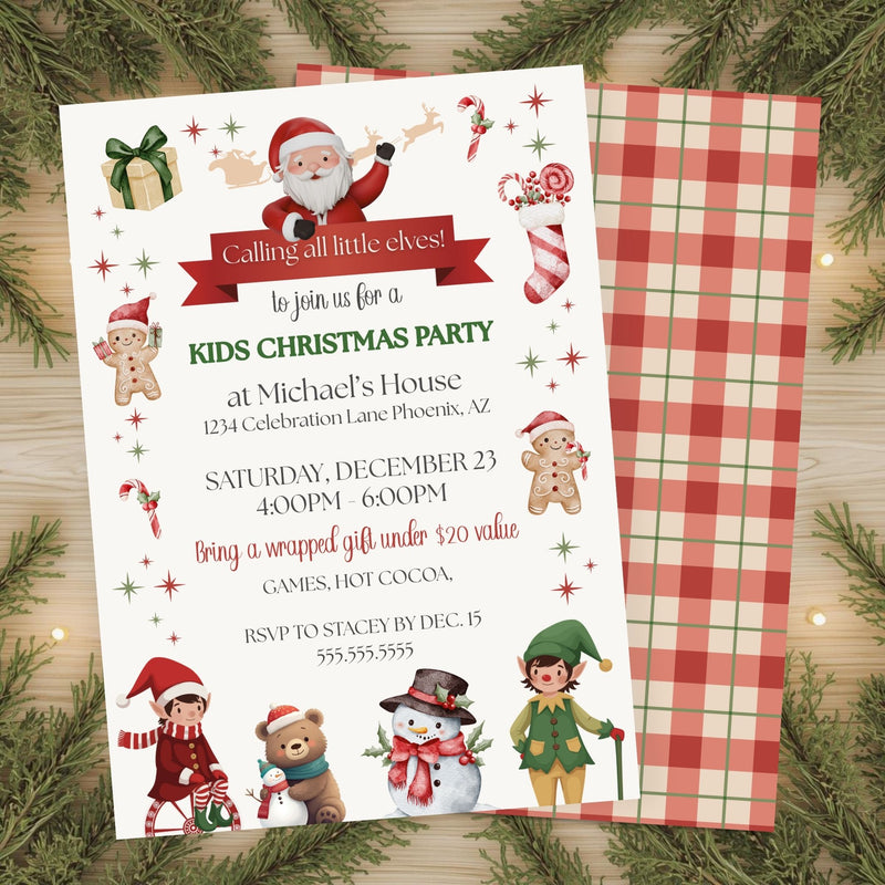 Christmas party invitation with festive illustrations on a wooden surface with greenery.