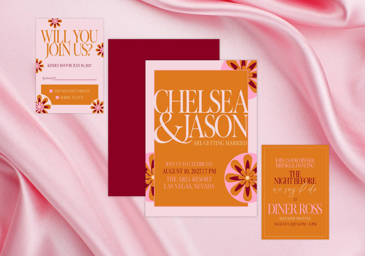 elegant retro pink and orange las vegas wedding invitation suite with floral accents