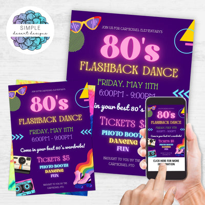customizable 80s throwback neon rollerskating party fundraiser flyer invitations set