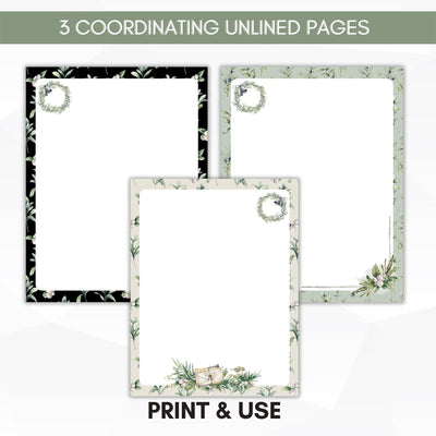 unlined christmas journal paper in beige sage green and black with botanical floral designs