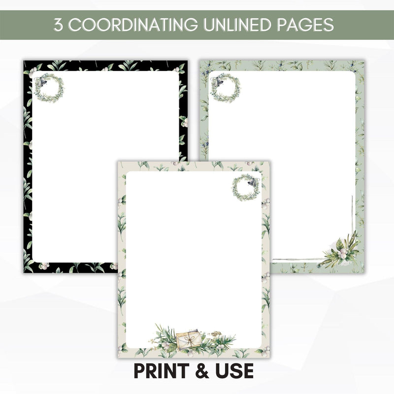 unlined christmas journal paper in beige sage green and black with botanical floral designs