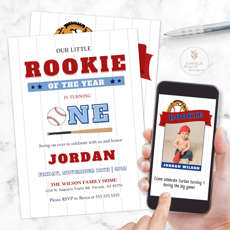 Baseball-themed birthday invitation with a smartphone displaying a photo of a child, on a marble surface.
